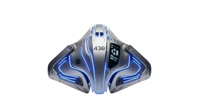 Sleek, metallic vehicle with blue lights against a black background - Powered by Adobe