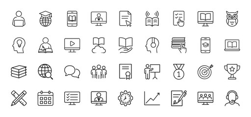 E-learning line icon set. Vector pictograms of graduation cap, books, online courses, students, mentor, certificate, achievement, thin linear illustration.