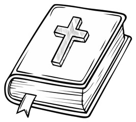 Obraz premium Line Art of Bible with Cross on Cover, Spiritual Book with Bookmark, Religion and Christianity Concept