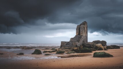 Ancient shore ruins under stormy skies. AI image