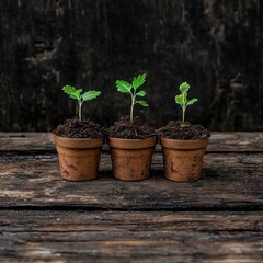 Fresh Green Seedlings Growing in Small Terra Cotta Pots