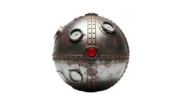Steampunk metallic sphere with gauges and riveted bands