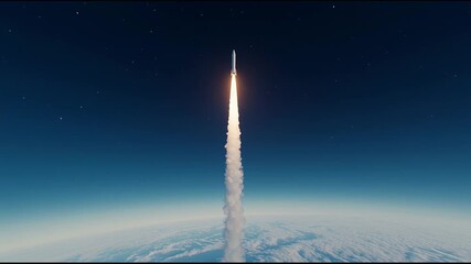 Powerful white rocket ascending through earth's atmosphere, breaking free from gravitational constraints and soaring toward starry cosmic expanse with billowing smoke trail marking trajectory