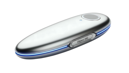 Sleek, silver, futuristic device with blue light accent on dark backdrop