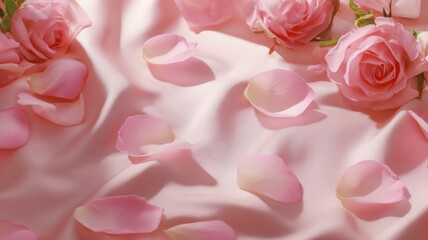 Elegant pink roses on soft fabric with petals. AI image