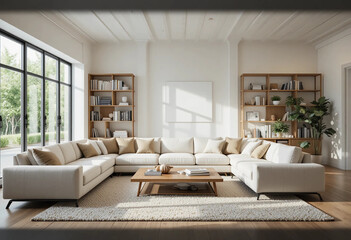 Fototapeta premium Bright living room interior with large sofa, bookshelves, coffee table, crockery, white wall, carpet and oak wooden floor. Concept of minimalist design. 3d rendering.