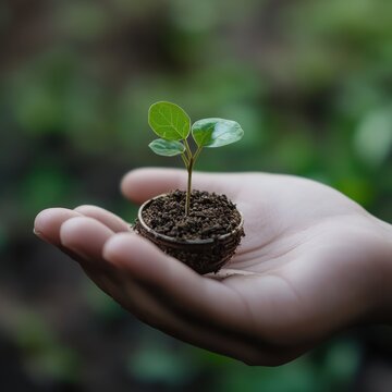 Hand Holding Seedling Growth in Soil on Natural Background