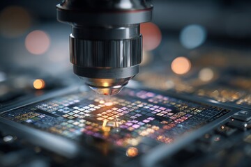 Close-up view of a microchip under a microscope, revealing intricate circuits and advanced technology, highlighting precision engineering in semiconductor manufacturing process.