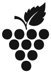 Black grape cluster with single leaf silhouette minimalist vector icon design for food and drink concepts