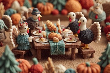 Whimsical thanksgiving gathering with clay turkeys at festive table.