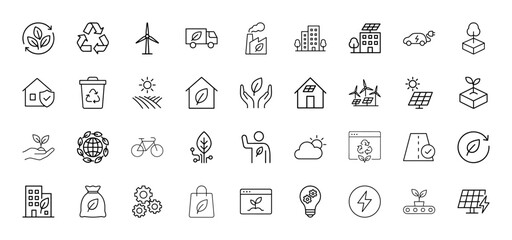 Sustainability line icon set. Vector pictograms of leaves, recycling, wind turbine, electric vehicle, green buildings, solar panels, eco-factory, and growing plants, thin linear illustration.