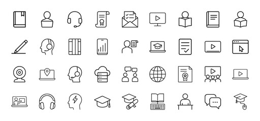 Fototapeta premium E-learning line icon set. Vector pictograms of book, user, headphones, certificate, monitor, laptop, pen, cloud, globe, and graduation cap, thin linear illustration.