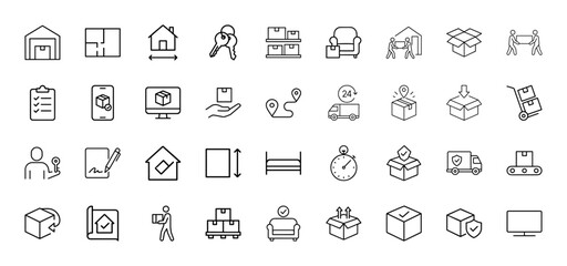 Moving and logistics line icon set. Vector pictograms of warehouse, house, keys, boxes, delivery, movers, maps, furniture, security, thin linear illustration.