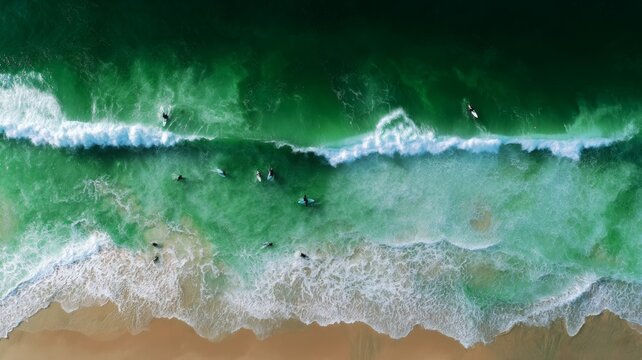Aerial view of surfers riding green ocean waves. AI image