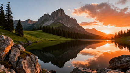 Fototapeta premium MountainSunsetLakeReflection