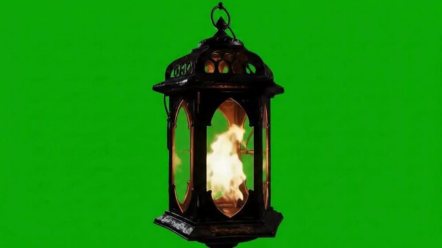 A lantern with a flame inside, set against a green screen background.