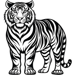 Majestic Tiger Outline Vector Illustration,Black and White Tiger Line Drawing,Wild Tiger Vector Silhouette Illustration,Detailed Tiger Line Art Design,Elegant Standing Tiger Vector Artwork