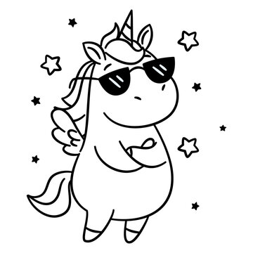 A cute unicorn with wings stands with its arms folded across its chest, wearing sunglasses, surrounded by stars, Linear vector illustration, children's coloring page. Vector illustration