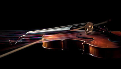 Violin bow and strings creating beautiful music on black background