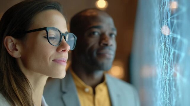 Business partners, a woman and a man, are looking with interest at a transparent screen displaying a complex network visualization, possibly related to artificial intelligence or big data