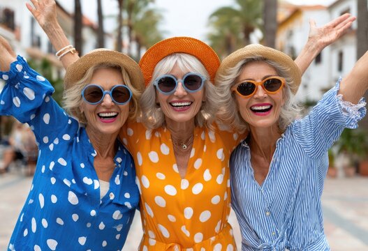 three happy elderly women dancing on the beach in mistral late summer with bright colors, sunglasses, and hats