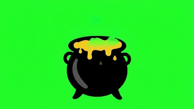 A cartoon illustration of a black cauldron with bubbling green and yellow liquid, on a green background.