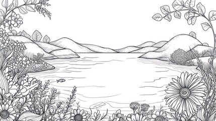 Monochromatic floral lake landscape illustration, perfect for coloring book or print