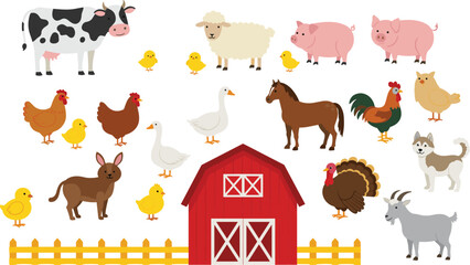 Farm animal illustration, cartoon barnyard scene, cow, horse, pig, chicken, duck, goat, rabbit, dog, hand-drawn vector, white background © Masuda Contributor