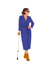 Full-length vector illustration of a blind business woman in blue office dress and boots, wearing dark glasses and holding a cane, isolated on transparent background