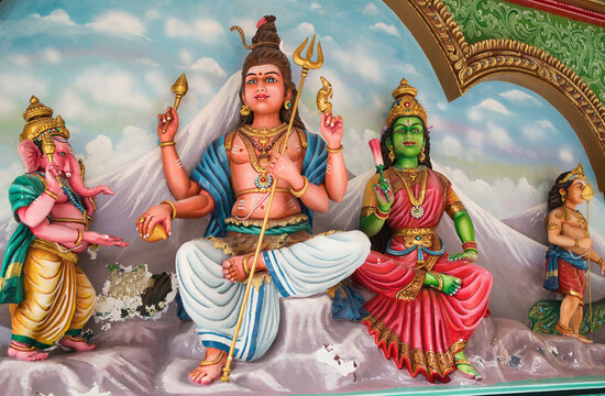 Hindu deities, specifically found in the Sri Mahamariamman Temple in Kuala Lumpur, Malaysia. The central god is Shiva, one of the main deities of Hinduism.