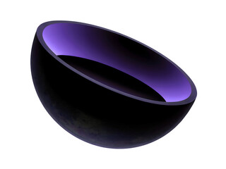 Three dimensional dark hemisphere shape with a vibrant glowing purple interior isolated on a transparent background.