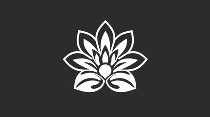 White stylized lotus flower design with layered petals and a central sphere on a dark gray background.
