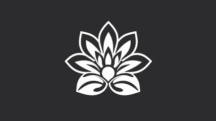 White stylized lotus flower illustration on a dark gray background. Floral design with symmetrical petals and a central sphere.