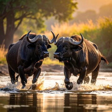Two buffalos running in the water in a sunlit environment