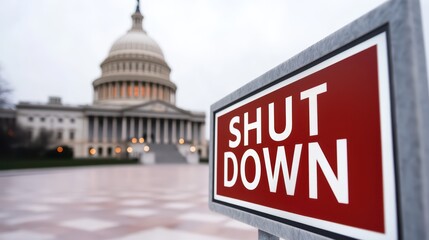 A sign reads "SHUT DOWN" in front of a grand building, symbolizing a government shutdown with a somber atmosphere.