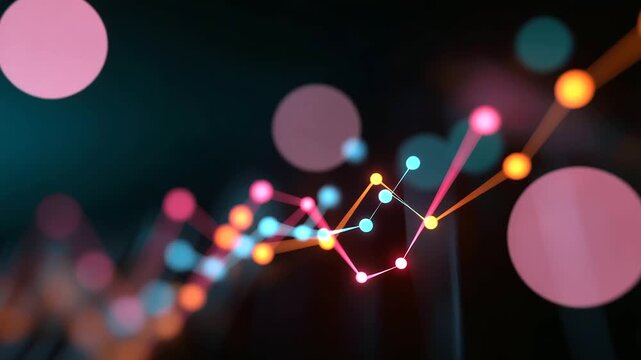 A digital visualization platform glows with 3D rendered charts of market analytics graphs spiraling upward while nodes flash in neon light. Atmosphere of insight clarity and fut