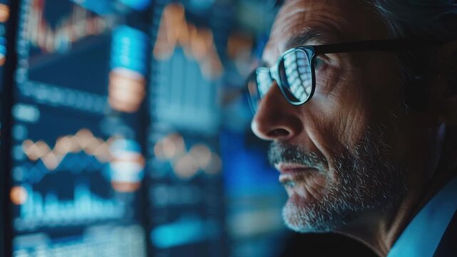 Experienced businessman man face profile glasses beard gray hair analyzing financial data multiple screens with focused expression dim blue lighting