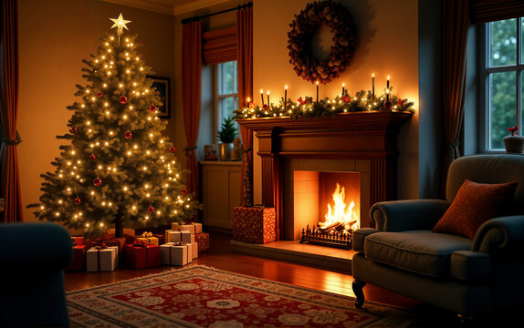 Warm Christmas living room scene with glowing fireplace. Festive Christmas tree with wrapped gifts and star topper. Cozy holiday interior design. Soft firelight illuminates the comfortable home.