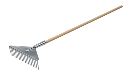 Metal rake with wood handle, angled, on a black background