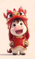 Fototapeta premium A joyful small character dressed in vibrant red attire stands proudly, wearing a colorful dragon hat.