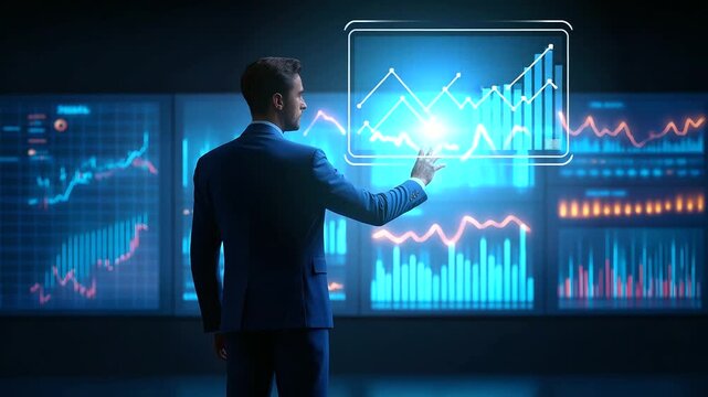 A massive digital screen glows with big data streams cascading charts and vibrant graphs forming a living network. A businessman reaches to press a central button igniting waves