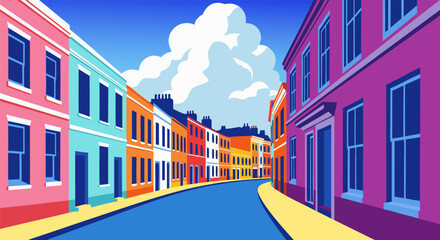 Vibrant illustration of a charming city street lined with colorful houses under a bright, cloudy sky, perfect for urban travel and architectural design themes © PDWN Creative