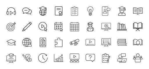 E-learning line icon set. Vector pictograms of headphones, graduation cap, diploma, books, student, laptop, monitor, calendar, and pencil, thin linear illustration.
