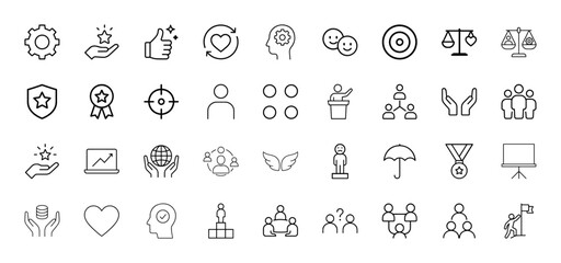 Business and success line icon set. Vector pictograms of gear, star, thumbs up, target, scales, team, globe, graph, medal, podium, thin linear illustration.