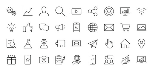 Business and technology line icon set. Vector pictograms of settings, analytics, users, search, media, communication, and commerce, thin linear illustration.