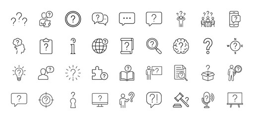 Problem solving and communication line icon set. Vector pictograms of questions, thinking, speech bubbles, searching, ideas, solutions, globe, information, thin linear illustration.