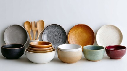 Collection of bowls and plates of various sizes and colors are arranged on a white table. The bowls and plates are made of different materials and have different designs. The variety of shapes
