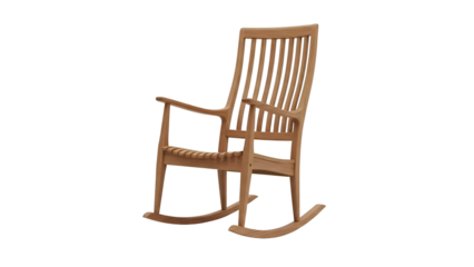 Wood rocking chair, with slatted back, against a black background