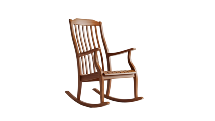 Wood rocking chair with curved back, armrests, on black background
