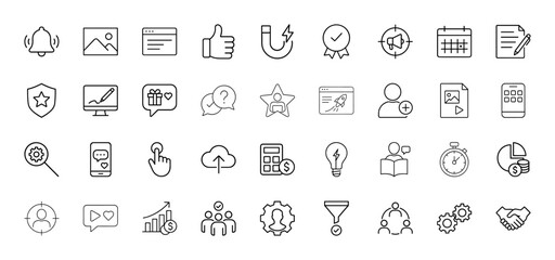 Business and marketing line icon set. Vector pictograms of bell, browser, thumb, megaphone, calendar, chat, user, smartphone, calculator, chart, and handshake, thin linear illustration.